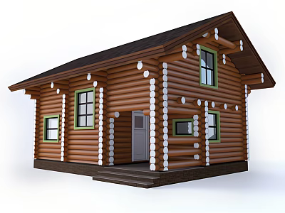Log Cabin with Wooden Door Green Framed Windows Dark Roof White Decorative Circles and Steps 3d model