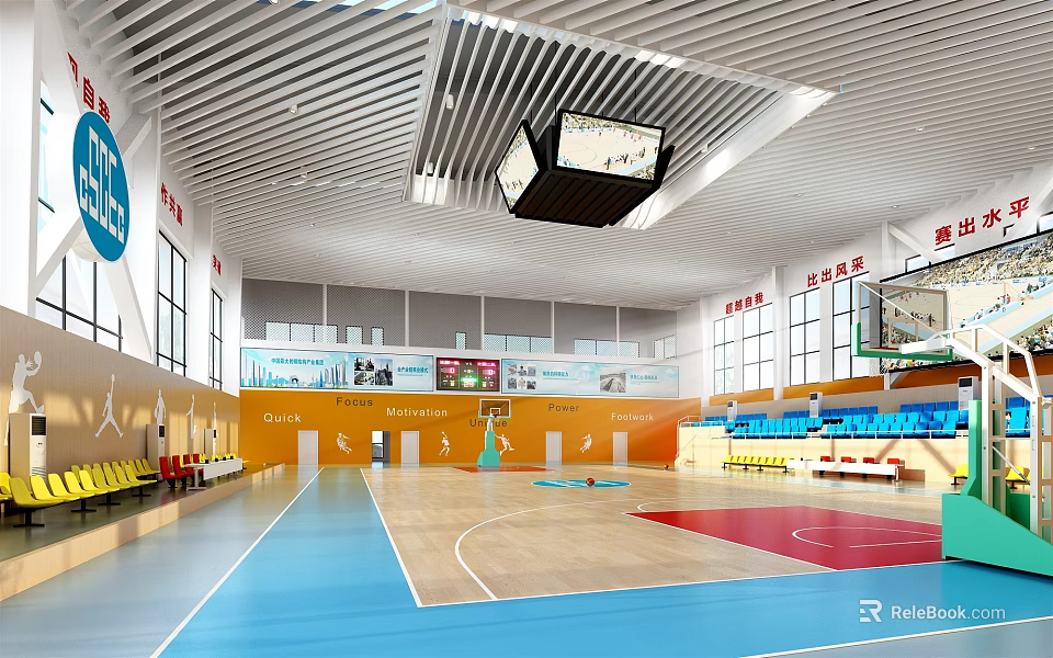 Modern Basketball Gym Interior With Basketball Court Spectator Seats Electronic Scoreboard And Ceiling Lights 3d model 
