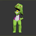 Cartoon Green Reptile Character in Pink and White Onesie with Clasped Hands on Dark Background