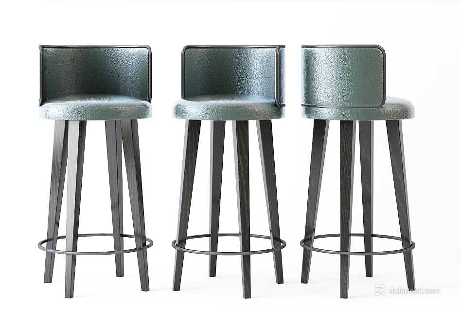 Modern Bar Stools With Gray Leather Upholstery And Black Metal Legs 3d model 