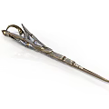 Ornate Decorative Dagger With Intricate Carvings On Metal Handle And Slender Sharp Blade