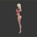 Blonde Woman In Red Striped Bodysuit And Red Bikini With Arms Outstretched Against Gray Background