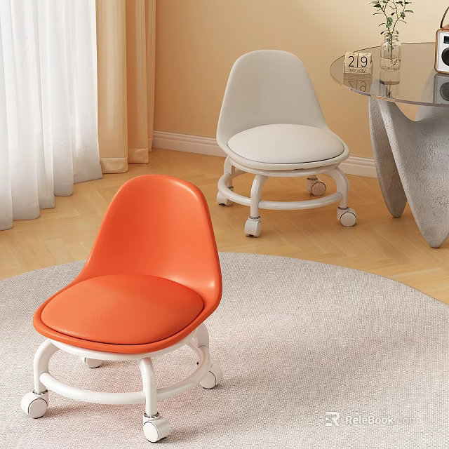 Orange And White Modern Wheeled Stools With Padded Seats Indoor Metal Frame Room Setting 3d model 