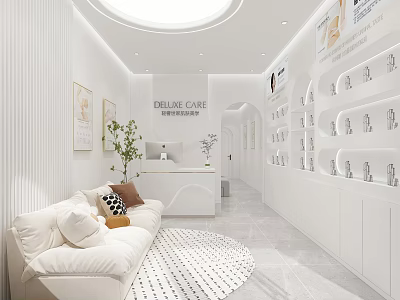 Luxury Hair Beauty Salon White Interior With Comfortable Sofa Product Display Shelves And Front Desk 3d model
