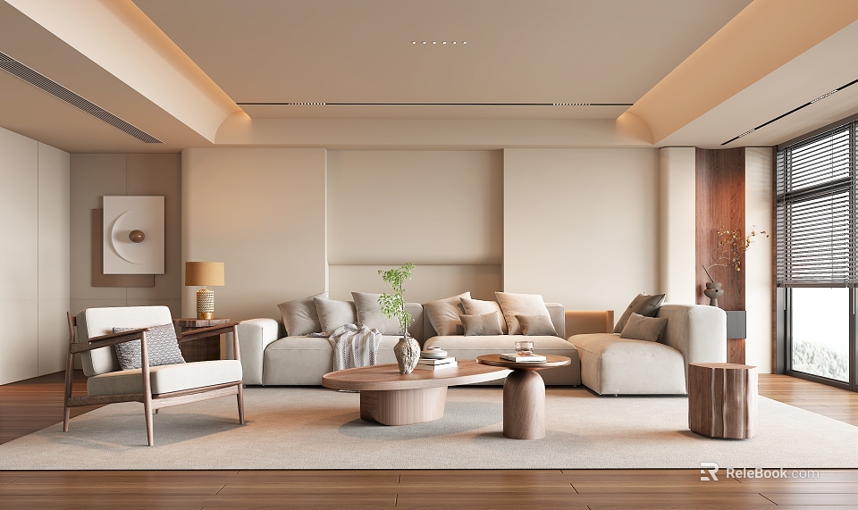 Minimalist Living Room Interior With Beige Sofa Pillows Round Coffee Tables And Green Plant 3d model 