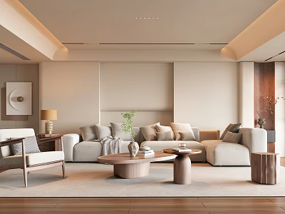 Minimalist Living Room Interior With Beige Sofa Pillows Round Coffee Tables And Green Plant 3d model