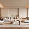 Minimalist Living Room Interior With Beige Sofa Pillows Round Coffee Tables And Green Plant