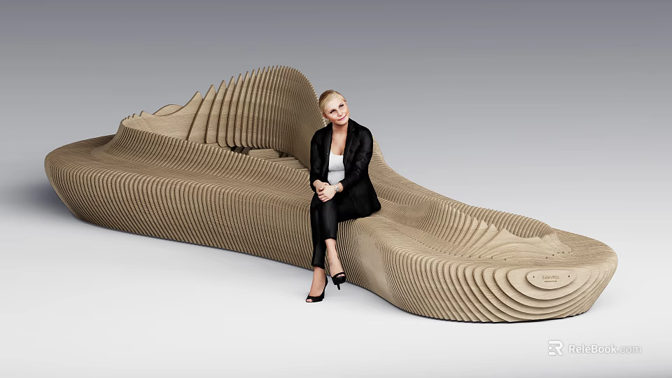 Sculptural Landscape Seat With Curved Layered Design And Seated Woman 3d model 