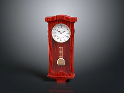 Red Wooden Electronic Table Clock With Roman Numeral Dial And Pendulum 3d model