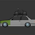 Gray And Green Sedan With Bicycle On Roof And Stylish Blue Wheels