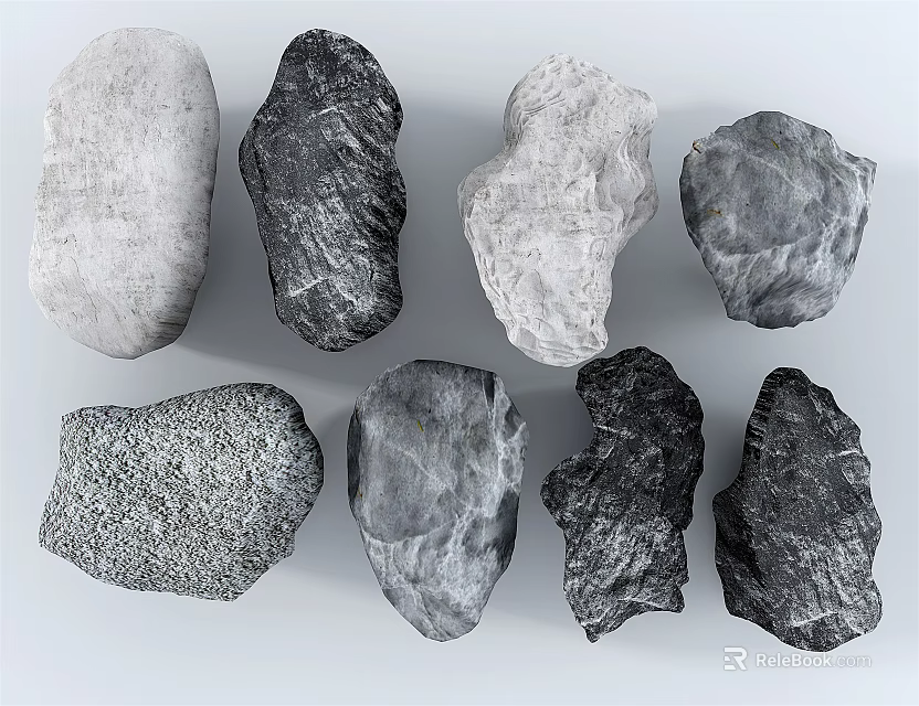 Various Shaped Gray Black Light Gray Stones With Diverse Textures On White Background 3d model 