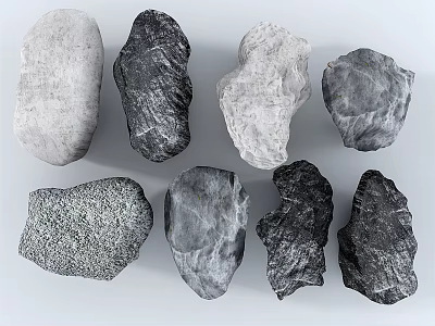 Various Shaped Gray Black Light Gray Stones With Diverse Textures On White Background 3d model