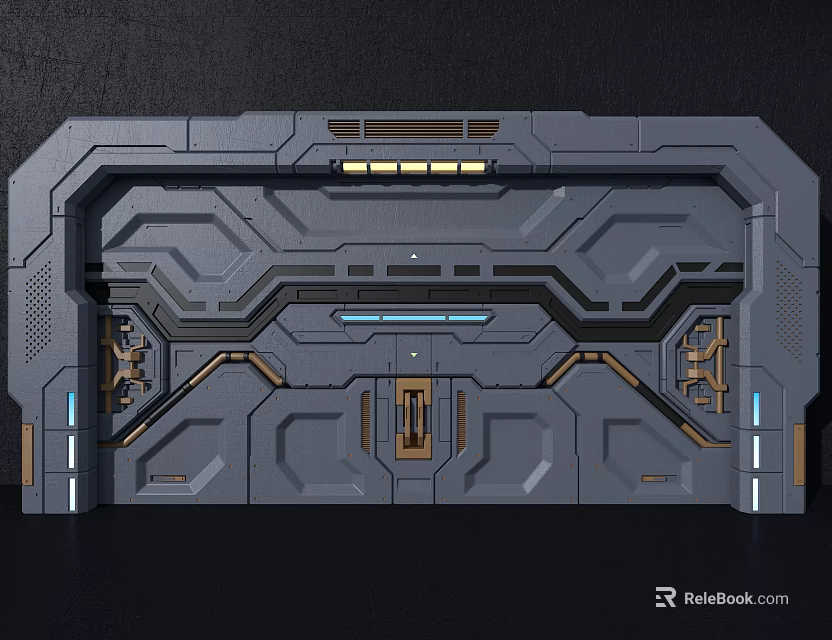 Futuristic Tech Panel With Gray Geometric Design Gold Accents And Blue Light 3d model 