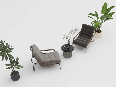 Casual Sofa Set With Gray Armchairs Side Table And Potted Plants In Living Room 3d model