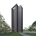 Modern High Rise Residential Building with Balconies Surrounded by Lush Trees and Blue Sky