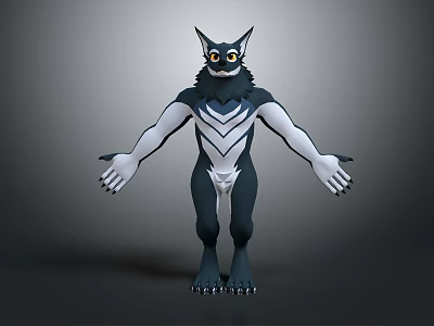 Anthropomorphic Creature Character With Black White Fur Pointed Ears Large Eyes Clawed Hands Outstretched Arms 3d model