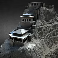 Ancient Buildings Constructed Along Layered Mountain Cliff With Traditional Architecture