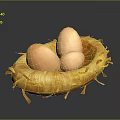 Natural Bird Nest With Three Peach Eggs In Yellow Straw Structure 3d model