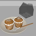 Delicious Freshly Baked Cupcakes on White Plate with Wooden Fork and Transparent Box