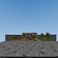 Aerial View Planning of Rooftop Garden With Lawn Pathway Pavilion and Flowers