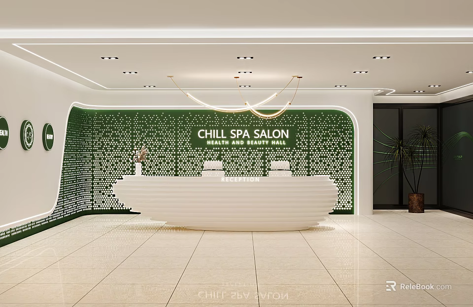 Modern Salon Reception Desk With Green Perforated Background Wall And Elegant Lighting 3d model 