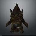 3D Fantasy Animal Character With Big Eyes Wearing Brown Spiked Hat And Armored Body