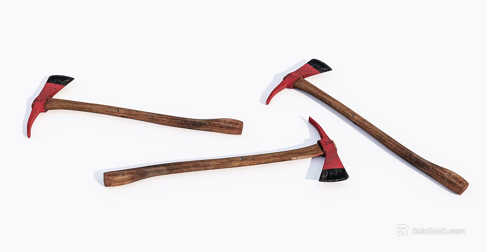 Vintage Axes With Red Black Blades And Wooden Handles As Traditional Weapons 3d model 