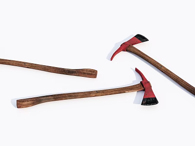 Vintage Axes With Red Black Blades And Wooden Handles As Traditional Weapons 3d model