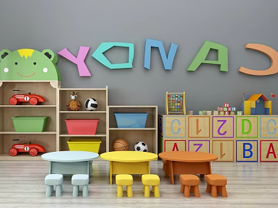 Colorful Kids Table And Chairs With Alphabet Wall Decor Toy Storage In Playroom 3d model