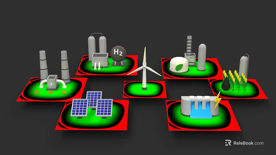 Technology Exhibition Hall Showcasing Clean Energy Technologies Including Hydrogen Wind Solar And Hydro Power 3d model 
