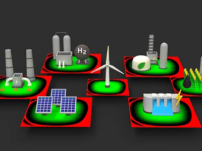Technology Exhibition Hall Showcasing Clean Energy Technologies Including Hydrogen Wind Solar And Hydro Power 3d model