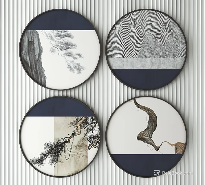 Round Framed Paintings Featuring Landscape Pine Tree Striped Pattern Plant Form on Vertical Striped Wall 3d model