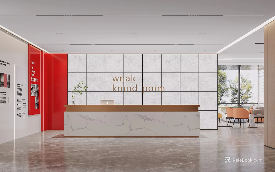 Modern Reception Desk With Marble Counter Grid Wall Panel Red Accent And Branding Sign 3d model 