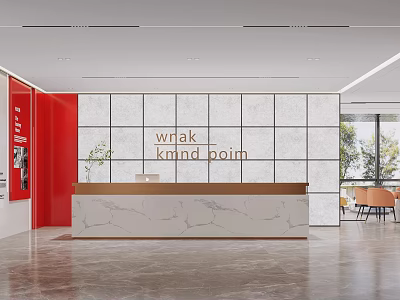Modern Reception Desk With Marble Counter Grid Wall Panel Red Accent And Branding Sign 3d model