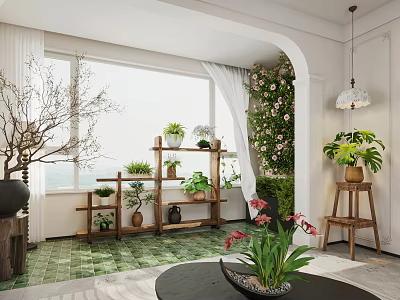 Home Balcony Design With Green Plants Blooming Flowers Wooden Shelves Light Curtains And Large Window 3d model