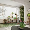 Home Balcony Design With Green Plants Blooming Flowers Wooden Shelves Light Curtains And Large Window