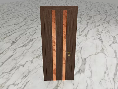 Dark Brown Wooden Swing Door With Light Wood Stripes And Golden Handle On Marble Floor 3d model