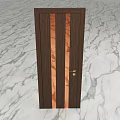Dark Brown Wooden Swing Door With Light Wood Stripes And Golden Handle On Marble Floor