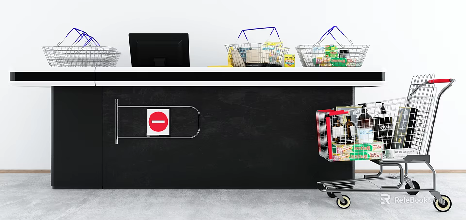 Retail Reception Desk With Computer Monitor Shopping Baskets Cart And Items 3d model 