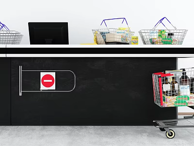 Retail Reception Desk With Computer Monitor Shopping Baskets Cart And Items 3d model