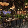 Tropical Restaurant Interior With Hanging Pendant Lights Green Plants And Wooden Ceiling