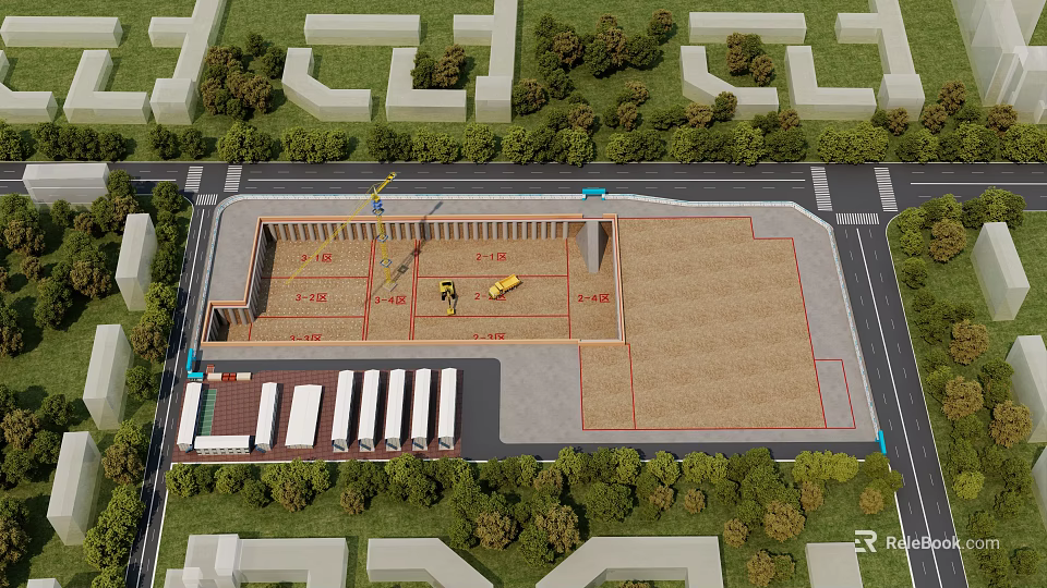 Road Infrastructure Construction Site With Heavy Vehicles And Green Vegetation 3d model