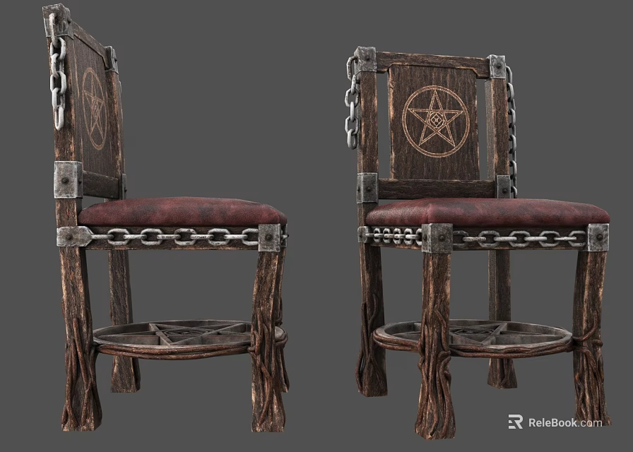 Ornate Vintage Wooden Chair With Chains Red Seat And Pentagram Design 3d model 