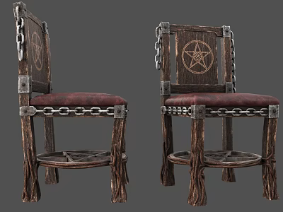 Ornate Vintage Wooden Chair With Chains Red Seat And Pentagram Design 3d model