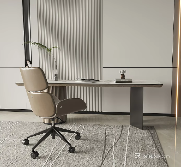 Modern Minimalist Home Desk With Beige Chair Striped Wall Potted Plant And Rug 3d model 
