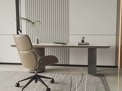 Modern Minimalist Home Desk With Beige Chair Striped Wall Potted Plant And Rug 3d model