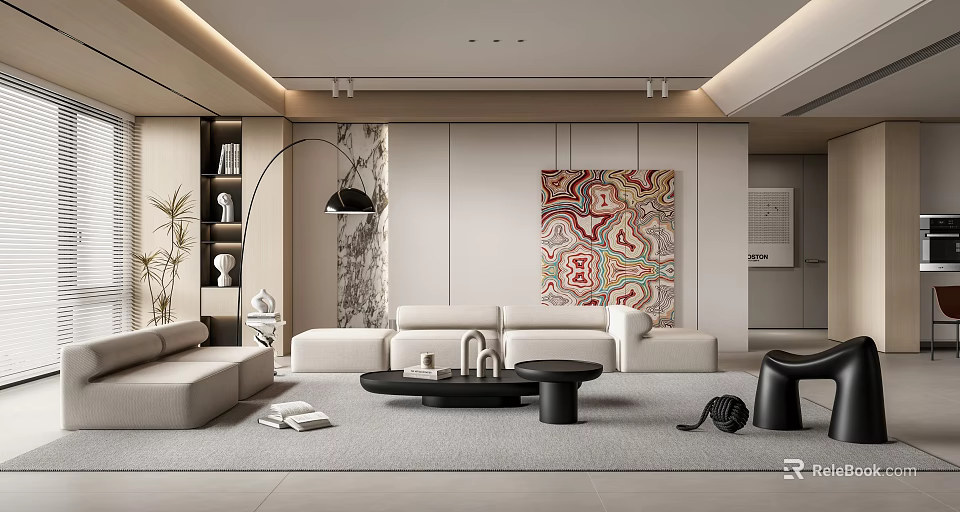 Modern Living Room Interior Design With White Sofa Gray Rug And Colorful Decorative Artwork 3d model 