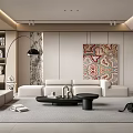 Modern Living Room Interior Design With White Sofa Gray Rug And Colorful Decorative Artwork