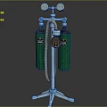 Green Gas Cylinder Setup With Metal Stand Pressure Gauges Hose And Mask