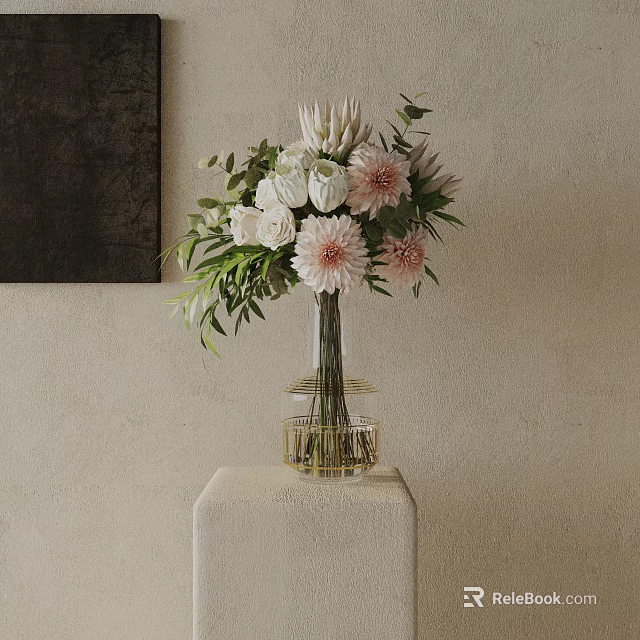 Pink And White Flower Bouquet In Glass Vase On Light Cube Stand With Green Leaves 3d model 